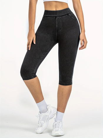 Európai és amerikai határokon átnyúló e-kereskedelem tavaszi és nyári női magas derekú, rugalmas derékpántos, zsebes műfarmer capri nadrág, karcsúsító leggings