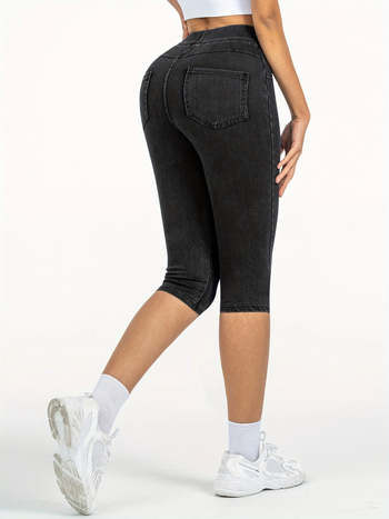 Európai és amerikai határokon átnyúló e-kereskedelem tavaszi és nyári női magas derekú, rugalmas derékpántos, zsebes műfarmer capri nadrág, karcsúsító leggings