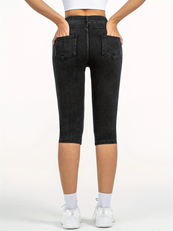 Európai és amerikai határokon átnyúló e-kereskedelem tavaszi és nyári női magas derekú, rugalmas derékpántos, zsebes műfarmer capri nadrág, karcsúsító leggings