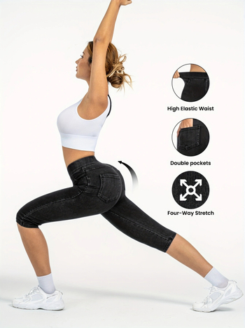 Európai és amerikai határokon átnyúló e-kereskedelem tavaszi és nyári női magas derekú, rugalmas derékpántos, zsebes műfarmer capri nadrág, karcsúsító leggings