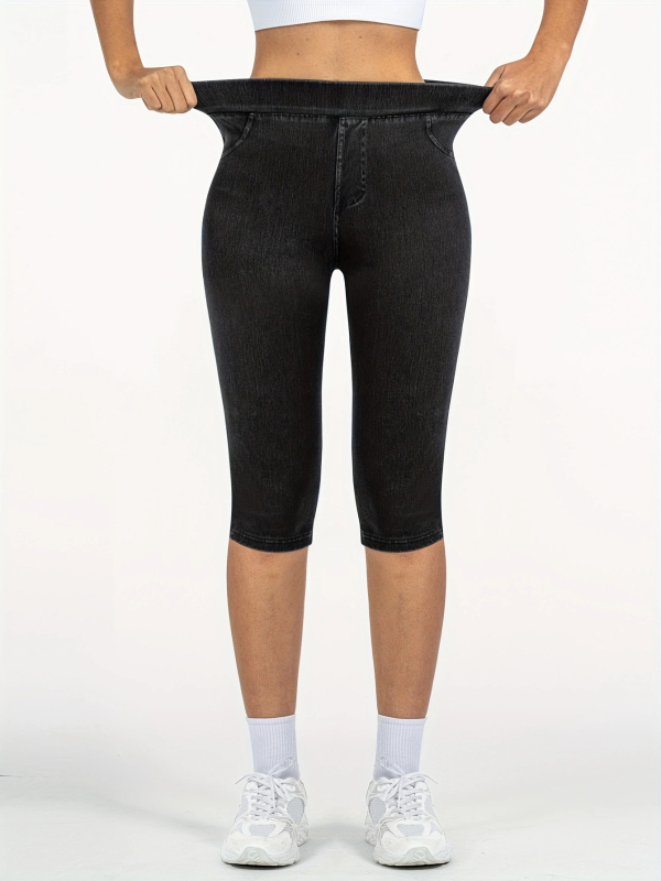 Európai és amerikai határokon átnyúló e-kereskedelem tavaszi és nyári női magas derekú, rugalmas derékpántos, zsebes műfarmer capri nadrág, karcsúsító leggings