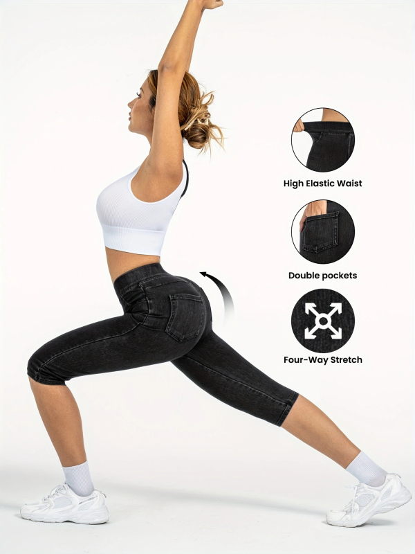 Európai és amerikai határokon átnyúló e-kereskedelem tavaszi és nyári női magas derekú, rugalmas derékpántos, zsebes műfarmer capri nadrág, karcsúsító leggings