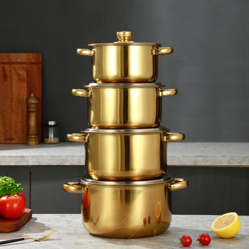 Nerūdijančio plieno aukso spalvos puodų rinkinys, 4 dalių kryžminis virimo puodas su nelimpančia danga, dujinė viryklė, indukcinė viryklė, tinkama naudoti namuose