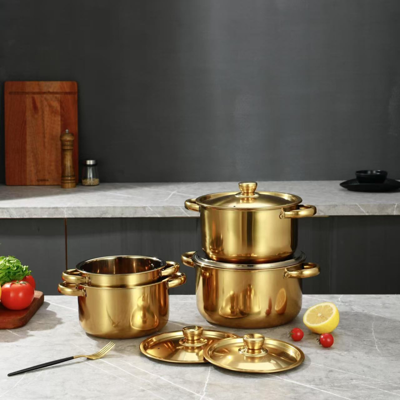 Nerūdijančio plieno aukso spalvos puodų rinkinys, 4 dalių kryžminis virimo puodas su nelimpančia danga, dujinė viryklė, indukcinė viryklė, tinkama naudoti namuose