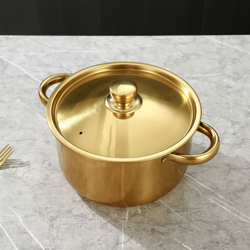 Nerūdijančio plieno aukso spalvos puodų rinkinys, 4 dalių kryžminis virimo puodas su nelimpančia danga, dujinė viryklė, indukcinė viryklė, tinkama naudoti namuose