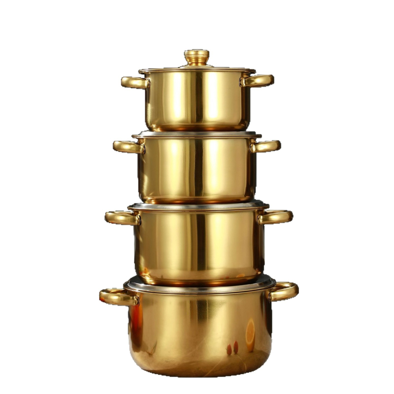 Nerūdijančio plieno aukso spalvos puodų rinkinys, 4 dalių kryžminis virimo puodas su nelimpančia danga, dujinė viryklė, indukcinė viryklė, tinkama naudoti namuose
