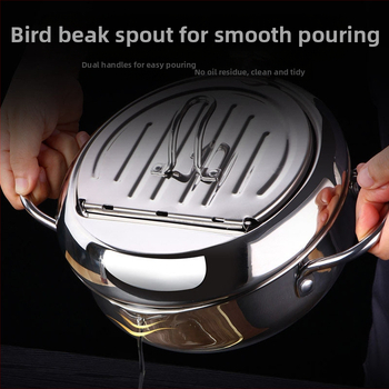 Nerūdijančio plieno gruzdintuvė su dangčiu ir termometru, tempura gruzdintuvė, buitinė, su aliejaus filtro laikikliu, aliejaus puodas, tiesioginis pristatymas