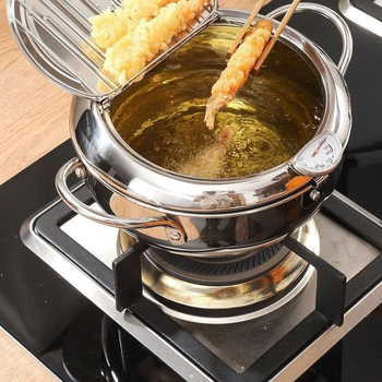 Nerūdijančio plieno gruzdintuvė su dangčiu ir termometru, tempura gruzdintuvė, buitinė, su aliejaus filtro laikikliu, aliejaus puodas, tiesioginis pristatymas