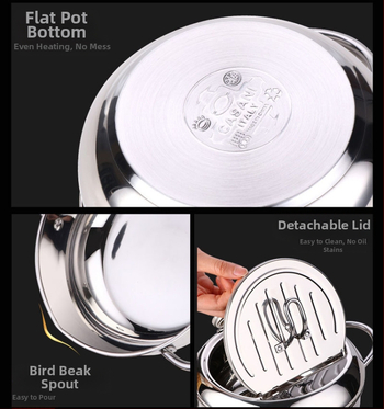 Nerūdijančio plieno gruzdintuvė su dangčiu ir termometru, tempura gruzdintuvė, buitinė, su aliejaus filtro laikikliu, aliejaus puodas, tiesioginis pristatymas