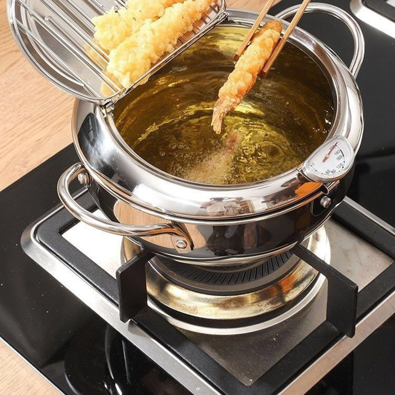 Nerūdijančio plieno gruzdintuvė su dangčiu ir termometru, tempura gruzdintuvė, buitinė, su aliejaus filtro laikikliu, aliejaus puodas, tiesioginis pristatymas