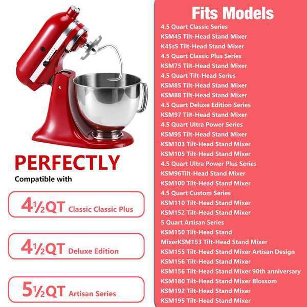 KitchenAid 4,5-5 litru nolokāmas galvas stacionārā miksera bļodas mīklas āķa uzgalis