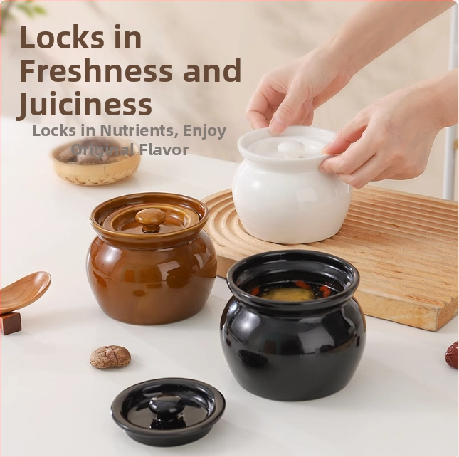 Керамична глинена тенджера за супа, чаша за яхния за домашна употреба, тенджера за задушаване с отделяне на вода за един човек с капак, чаша за готвене на пара за супа от хранителен клас, удебелена керамична тенджера