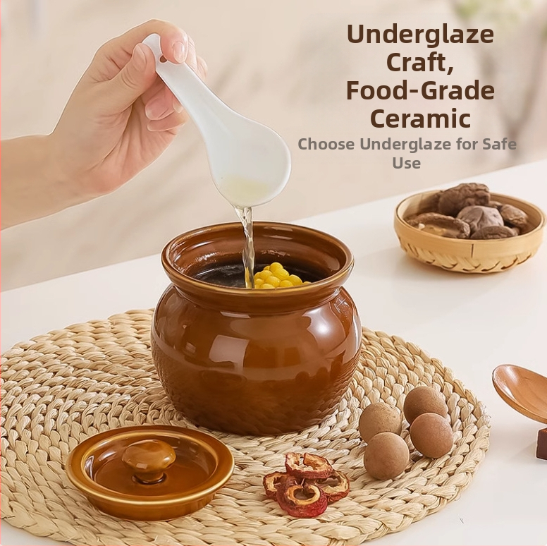 Керамична глинена тенджера за супа, чаша за яхния за домашна употреба, тенджера за задушаване с отделяне на вода за един човек с капак, чаша за готвене на пара за супа от хранителен клас, удебелена керамична тенджера