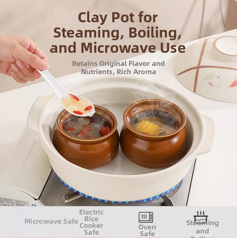 Керамична глинена тенджера за супа, чаша за яхния за домашна употреба, тенджера за задушаване с отделяне на вода за един човек с капак, чаша за готвене на пара за супа от хранителен клас, удебелена керамична тенджера