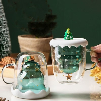 Külkereskedelmi Szent Kétrétegű Karácsonyfa Üveg Karácsonyi Hangulatú Kreatív Ajándékkupa Fedéllel Ivókuha