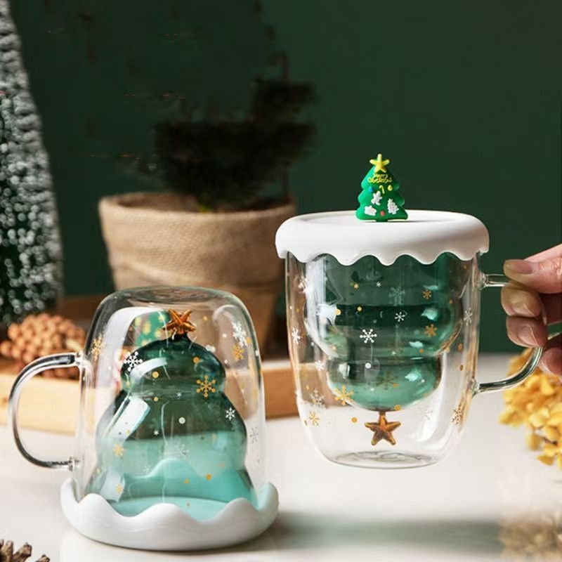 Külkereskedelmi Szent Kétrétegű Karácsonyfa Üveg Karácsonyi Hangulatú Kreatív Ajándékkupa Fedéllel Ivókuha