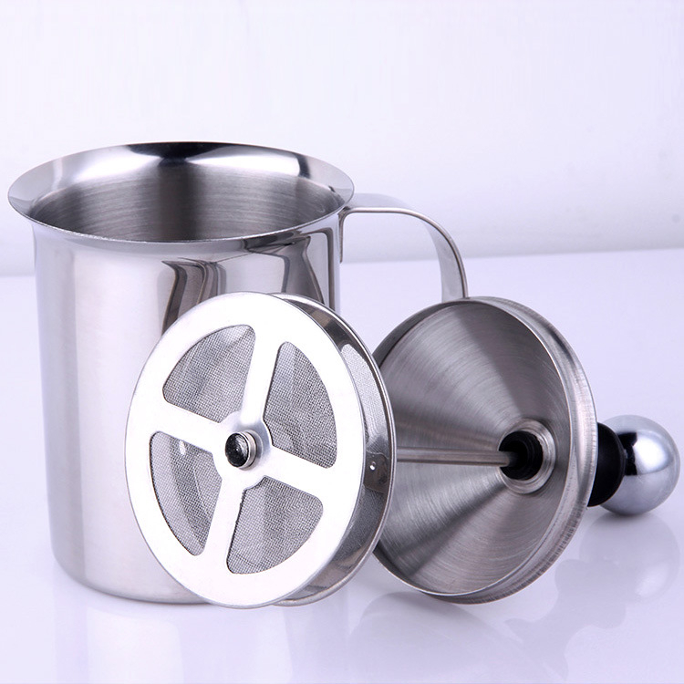 Kétrétegű rozsdamentes acél tejhabosító, kézi tejhabosító, tejszűrő, divatos kávé-cappuccino habosító