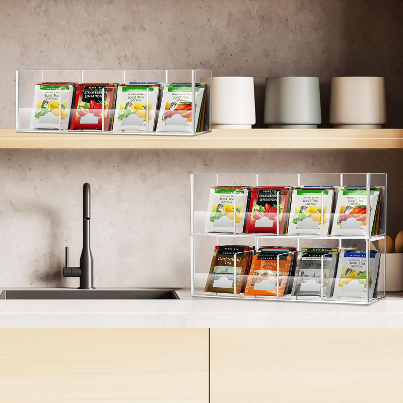 Határokon átnyúló, forró eladású akril teafilter tároló állvány, átlátszó, kivehető, egymásra rakható kapszula kávé cukorfilter bár tároló állvány