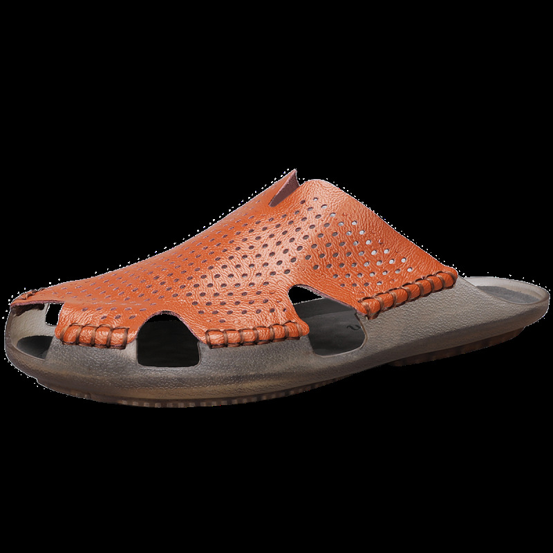 Nyári új férfi papucsok üzleti alkalmi marhabőr csúszásgátló strandszandál lyukas lélegző félcipő