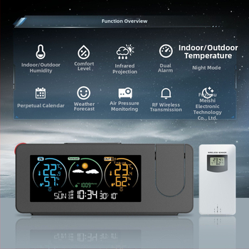 Ceas de proiecție electronic transfrontalier cu produs nou, calendar perpetuu, stație meteo, prognoză meteo, temperatură, umiditate, ecran color, ceas deșteptător digital