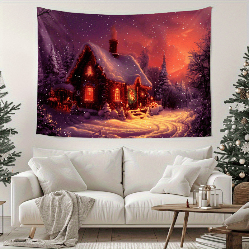 Διασυνοριακή χριστουγεννιάτικη ταπετσαρία τοίχου με ζεστή κόκκινη καμπίνα και χιονισμένη σκηνή, μοντέρνα διακόσμηση σπιτιού από πολυεστερικές ίνες