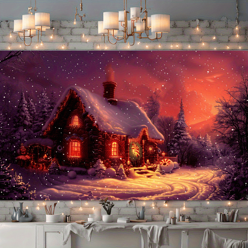 Διασυνοριακή χριστουγεννιάτικη ταπετσαρία τοίχου με ζεστή κόκκινη καμπίνα και χιονισμένη σκηνή, μοντέρνα διακόσμηση σπιτιού από πολυεστερικές ίνες