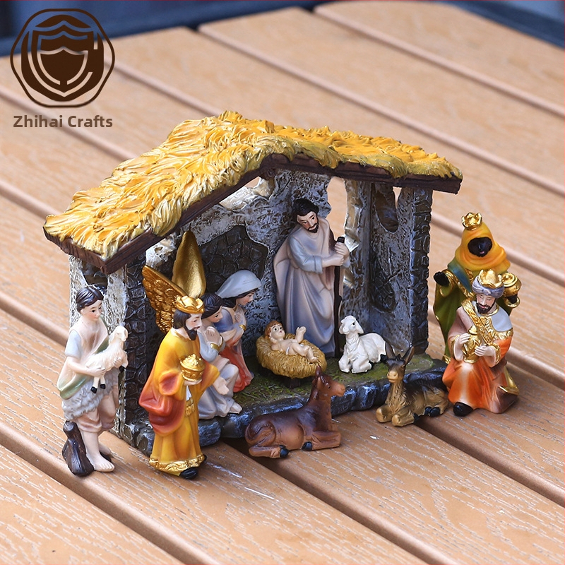 Трансгранична доставка на 8,5 см висок класически комплект коледни ясли за декорация на сцена, подаръчна кутия, празнични подаръци от смола