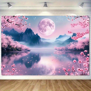 Διασυνοριακή Προμήθεια Ταπισερί Τοπίου με Άνθη Κερασιάς σε Φεγγαρόφωτο, Ήρεμο Μοτίβο Αντανάκλασης Τοπίου, Μαλακό Ροδάκινο σε Υπόλευκο Πολυεστέρα