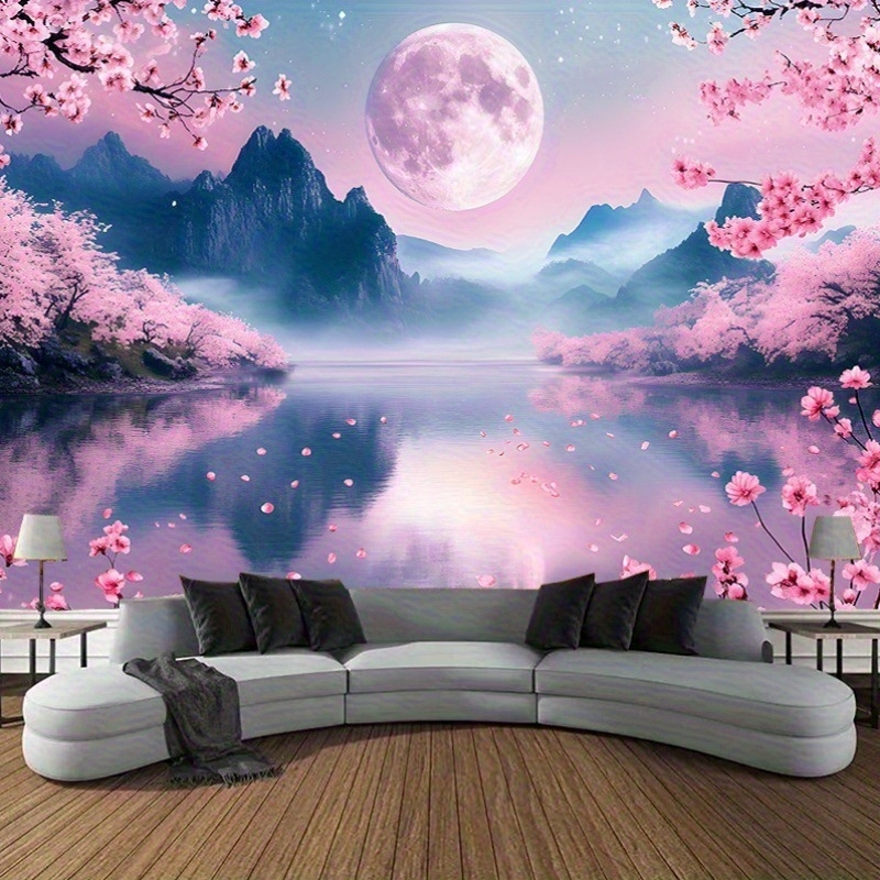 Διασυνοριακή Προμήθεια Ταπισερί Τοπίου με Άνθη Κερασιάς σε Φεγγαρόφωτο, Ήρεμο Μοτίβο Αντανάκλασης Τοπίου, Μαλακό Ροδάκινο σε Υπόλευκο Πολυεστέρα