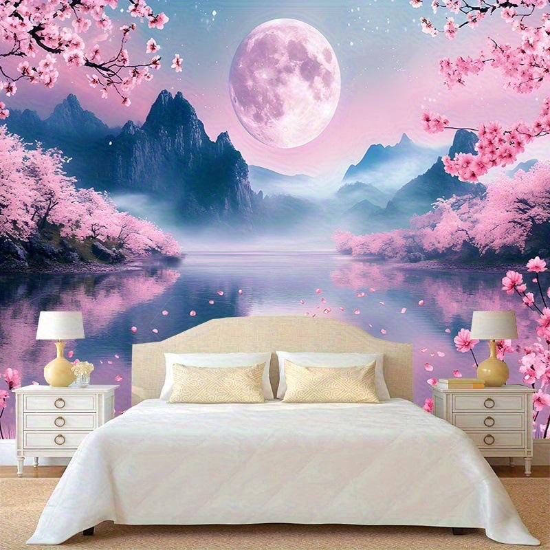 Διασυνοριακή Προμήθεια Ταπισερί Τοπίου με Άνθη Κερασιάς σε Φεγγαρόφωτο, Ήρεμο Μοτίβο Αντανάκλασης Τοπίου, Μαλακό Ροδάκινο σε Υπόλευκο Πολυεστέρα