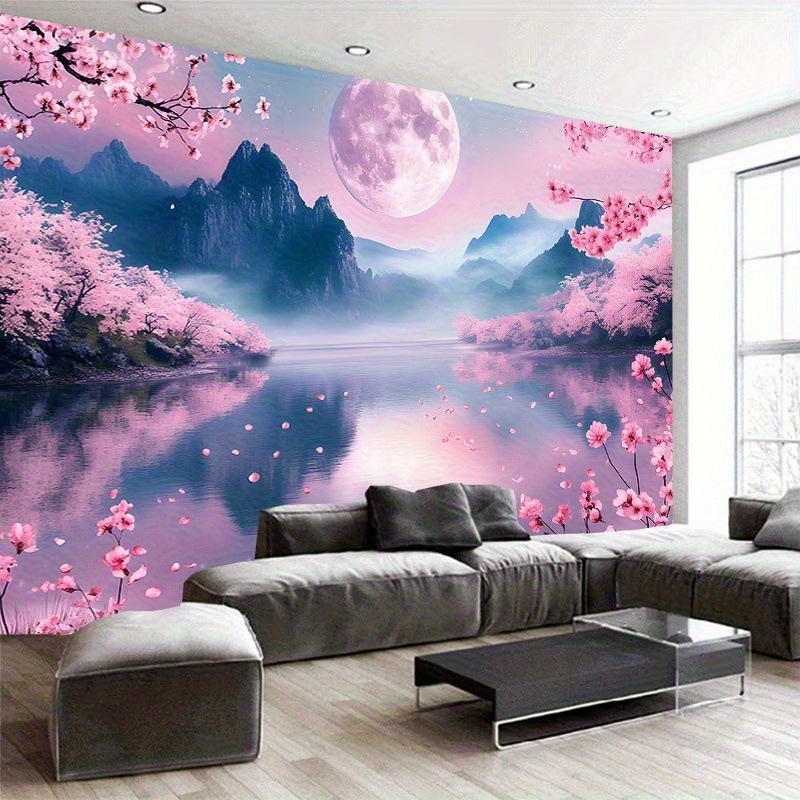 Διασυνοριακή Προμήθεια Ταπισερί Τοπίου με Άνθη Κερασιάς σε Φεγγαρόφωτο, Ήρεμο Μοτίβο Αντανάκλασης Τοπίου, Μαλακό Ροδάκινο σε Υπόλευκο Πολυεστέρα