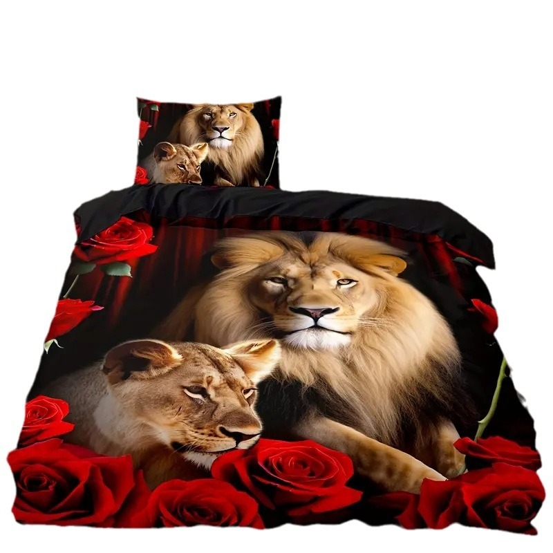 Juodojo liūto rožės 3D HD skaitmeniniu būdu spausdintas pūkinis antklodės užvalkalų komplektas minkšta ir languota patalynė „CrossBorder“ išskirtinė