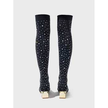 Σέξι μαύρο πολυχρηστικό ελαστικό αδυνάτισμα με χοντρό τακούνι και στρας, μοντέρνο ευρωπαϊκού και αμερικανικού στιλ, μυτερά δάχτυλα, μπότες plus-size