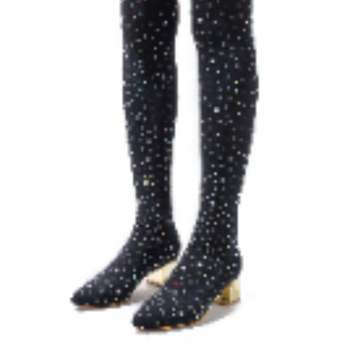 Σέξι μαύρο πολυχρηστικό ελαστικό αδυνάτισμα με χοντρό τακούνι και στρας, μοντέρνο ευρωπαϊκού και αμερικανικού στιλ, μυτερά δάχτυλα, μπότες plus-size