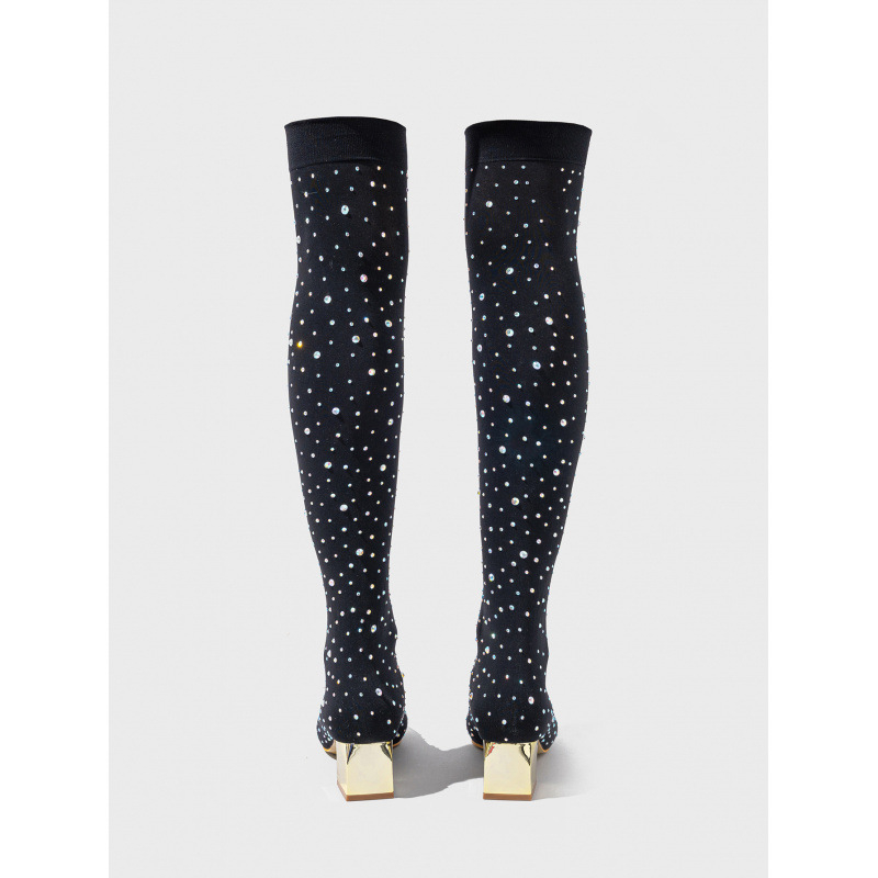 Szexi fekete, sokoldalú, rugalmas, karcsúsító, strasszos, vastag sarkú, éjszakai klub divatos, európai és amerikai, hegyes orrú, plus size csizma, magassarkú