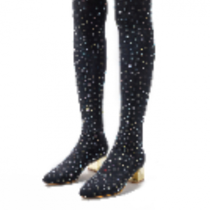 Szexi fekete, sokoldalú, rugalmas, karcsúsító, strasszos, vastag sarkú, éjszakai klub divatos, európai és amerikai, hegyes orrú, plus size csizma, magassarkú