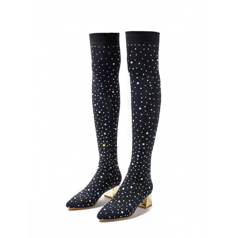 Szexi fekete, sokoldalú, rugalmas, karcsúsító, strasszos, vastag sarkú, éjszakai klub divatos, európai és amerikai, hegyes orrú, plus size csizma, magassarkú