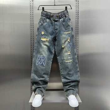 Trendi amerikai stílusú, szaggatott farmernadrág férfiaknak, nyári divat, menő retró, patchwork, laza, egyenes szabású nadrág