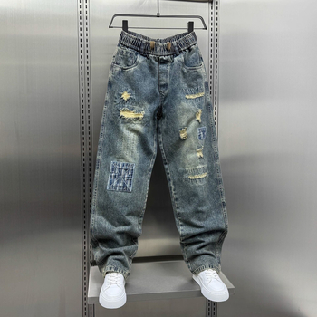 Trendi amerikai stílusú, szaggatott farmernadrág férfiaknak, nyári divat, menő retró, patchwork, laza, egyenes szabású nadrág