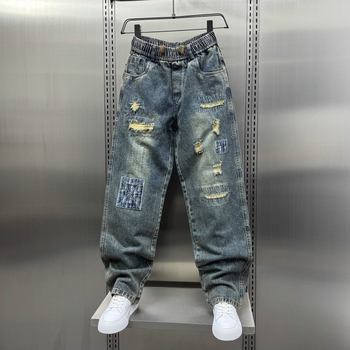 Trendi amerikai stílusú, szaggatott farmernadrág férfiaknak, nyári divat, menő retró, patchwork, laza, egyenes szabású nadrág