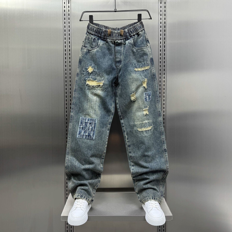 Trendi amerikai stílusú, szaggatott farmernadrág férfiaknak, nyári divat, menő retró, patchwork, laza, egyenes szabású nadrág
