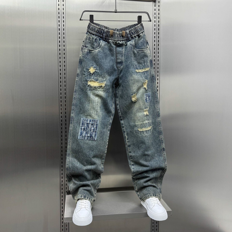 Trendi amerikai stílusú, szaggatott farmernadrág férfiaknak, nyári divat, menő retró, patchwork, laza, egyenes szabású nadrág