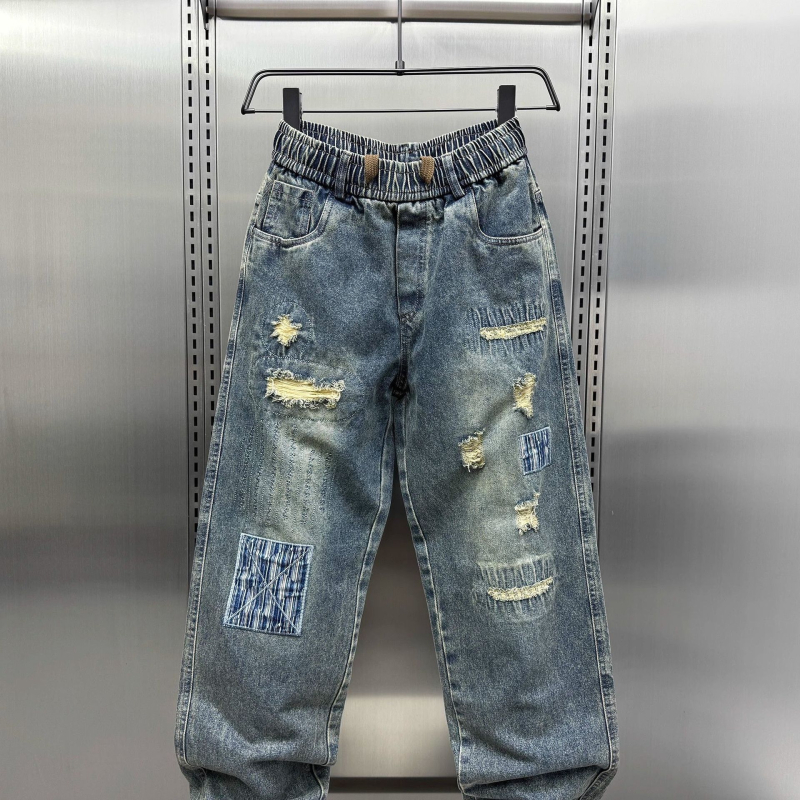 Trendi amerikai stílusú, szaggatott farmernadrág férfiaknak, nyári divat, menő retró, patchwork, laza, egyenes szabású nadrág