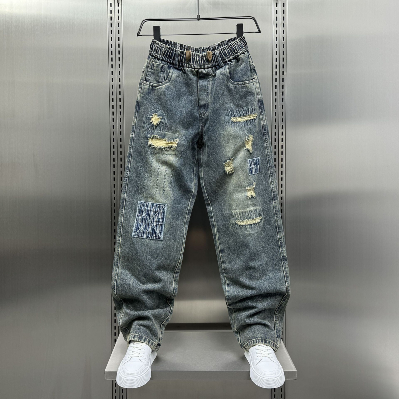 Trendi amerikai stílusú, szaggatott farmernadrág férfiaknak, nyári divat, menő retró, patchwork, laza, egyenes szabású nadrág