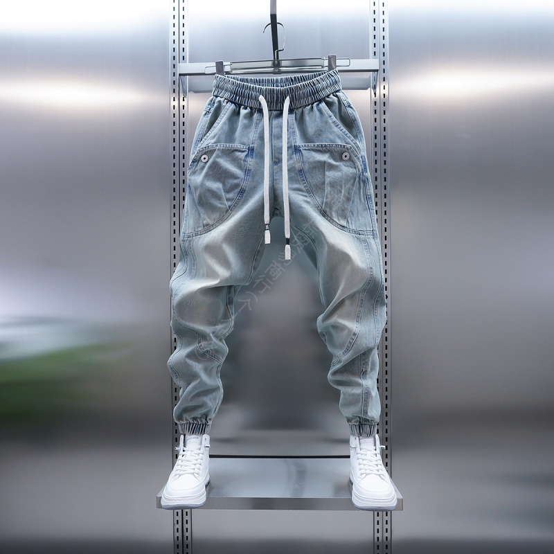 2025 tavasz Új világoskék farmer nagy zsebes szárú, lezser nadrág Trendi márkájú tinédzser háremnadrág