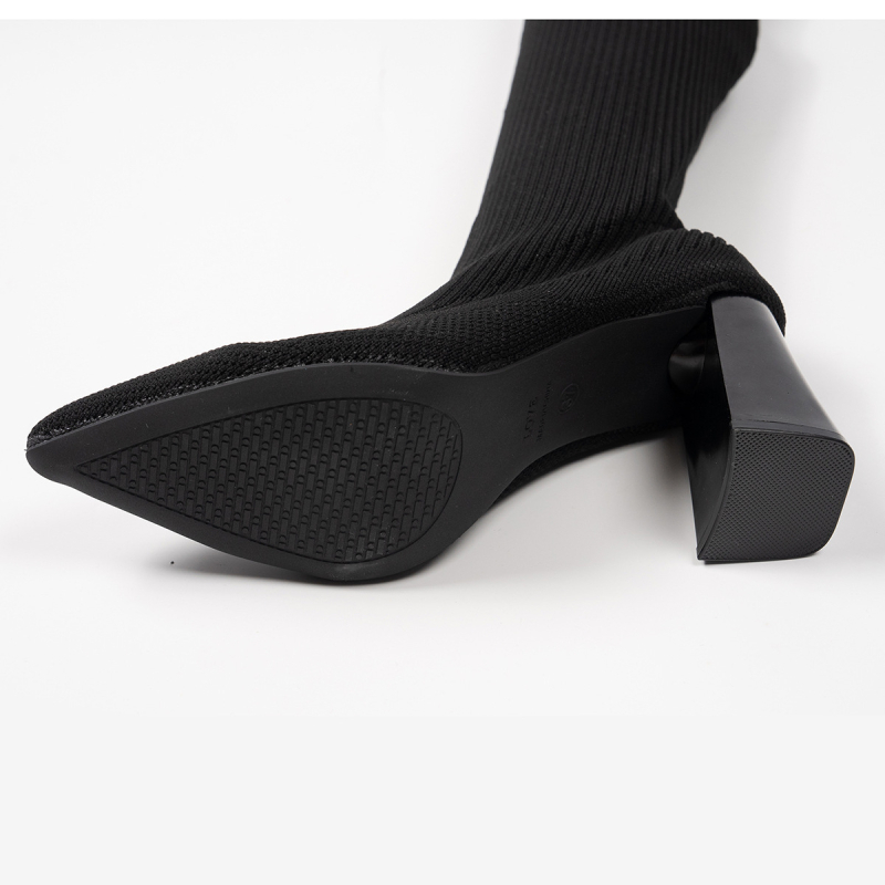 Határon átnyúló, plus size női csizma 2024 őszi és téli új, hegyes, vastag sarok, térdig érő, kötött gyapjúból készült, vastag zokni, rugalmas térdig érő csizma