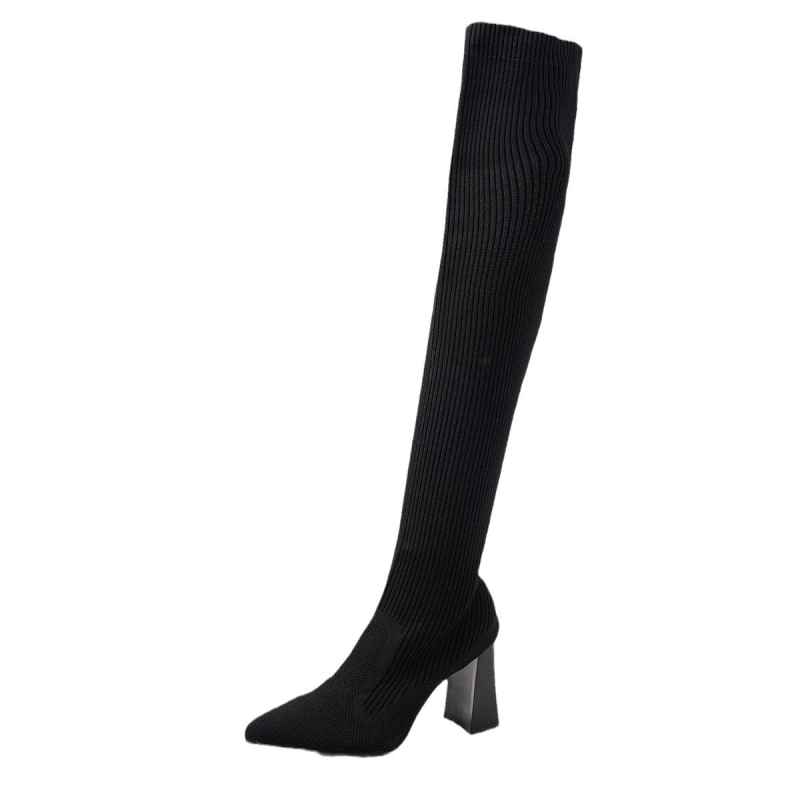 Határon átnyúló, plus size női csizma 2024 őszi és téli új, hegyes, vastag sarok, térdig érő, kötött gyapjúból készült, vastag zokni, rugalmas térdig érő csizma