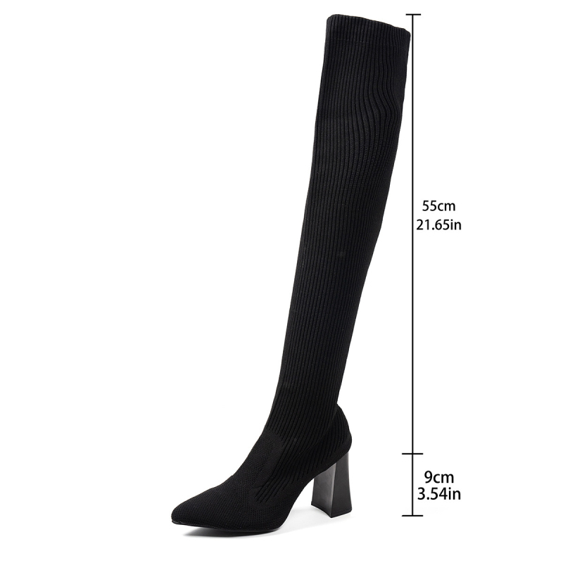 Határon átnyúló, plus size női csizma 2024 őszi és téli új, hegyes, vastag sarok, térdig érő, kötött gyapjúból készült, vastag zokni, rugalmas térdig érő csizma