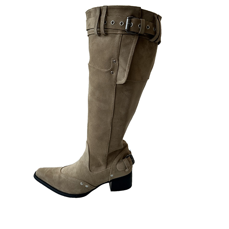 Alkalmi Sokoldalú Egyrészes Csizma 2025 Új, Határon Átnyúló, Nagy Méretű Őszi Hegyes Lábujjú, Vastag Sarkú, Szegecses Női Martin Csizma