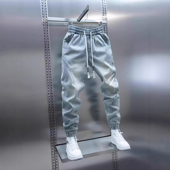 Férfi tavaszi új világoskék farmer egyszerű sokoldalú rugalmas derékú szabadidőnadrág mosott divatos lezser nadrág